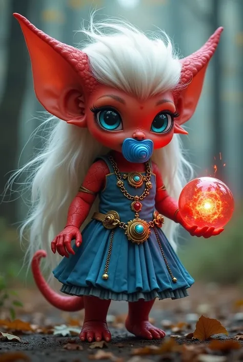 Create magic the gathering style a beautiful red fluffy goblin baby with long white hair with blue eyes with a blue pacifier in her mouth wearing a steampunk blue dress with white ornaments with a red sphere of pulsating energy in her hand in a forest 