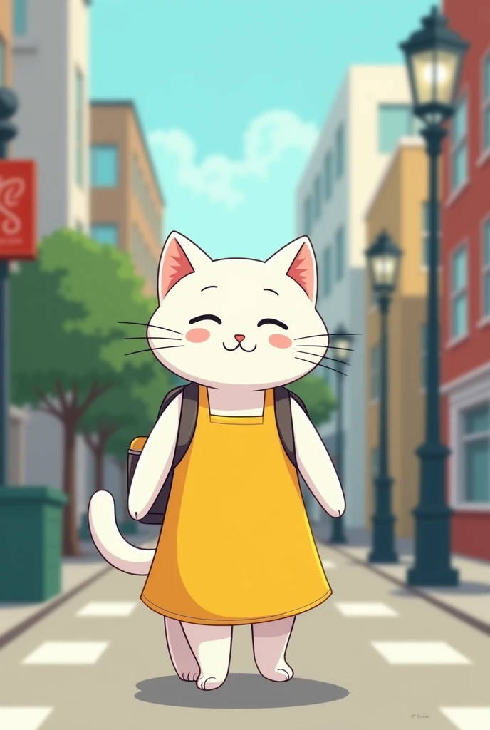 A white cartoon cat is walking down the street wearing a yellow dress and carrying a school bag