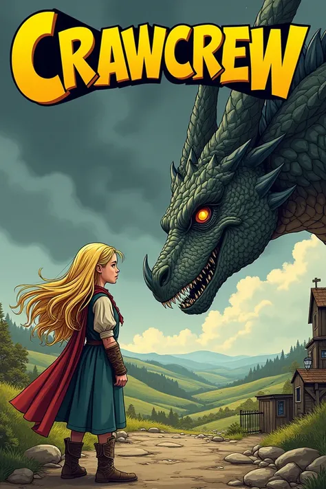 Comic style. CrawCrew lettering in yellow .blonde girl with long hair.old-fashioned .1 dragon 