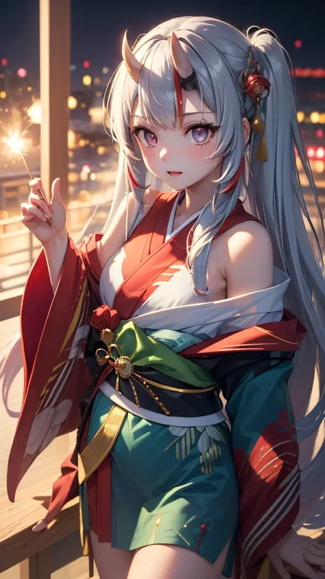 (masterpiece,  is of the best quality,  high resolution:1.4), wallpaper, whole body, 1 Girl, Long hair, ( blue hair :1.0), ( dark hair :1.0),  green eyes,  Colorful hair, Gradient hair , Small chest, Facing one side , yukata ,  holding a party firecracker,...