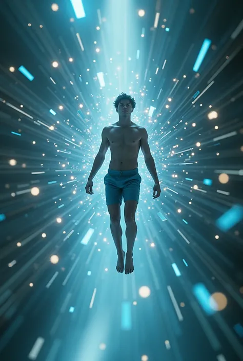 Photo of a young human male from the front floating as if flying between digital entities