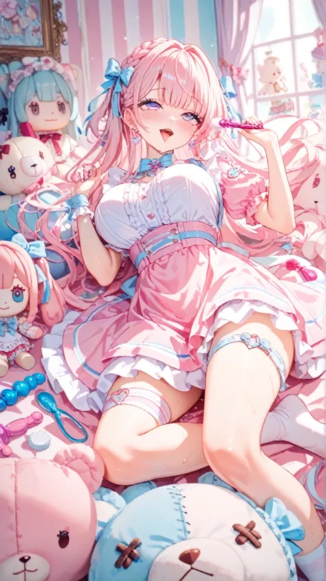 nsfw, 1girl, from below , 20yo,(Sex toys motifs :1.5),(large breasts:1.5)(Brush, swet),((cute,Cute, wonderland )),(( pastel colors )),((cute Assortment)),( smiles with wide open mouths, ahegao ),((cute Stuffed Animals and Dolls:1.3)), long hair ,( Pastel C...