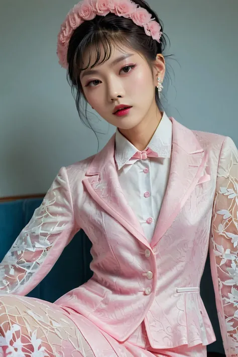 A Korean man in ladies vintage suit dress, he is crossdresser, body like a woman, slender female body, His hairstyle is short and manly, white and pink, long sleeves, Rich lace and frills, short jacket, mermaid line long skirt, silk, sit quietly