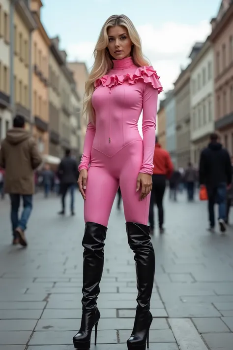 (DV_Mercedes_Vicious), long blonde hair, legs, modern photo, large breasts, (standing, cowboy shot:1.3), ruanyi285, pink long sleeved bodysuit with rufflesandturtleneck, black tight high platform overknee boots, high heels, pink pants, (latex:1.3), skintig...