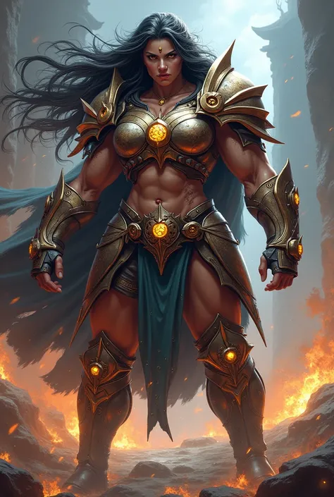 powerful, ( hypertrophied strong muscular body )( hypertrophied massive muscular body)(Huge muscular body) female, warrior in a dynamic combat pose , long flowing hair,  ferocious expression ,  complex armor with glowing runes ,  dramatic lighting ,  cinem...