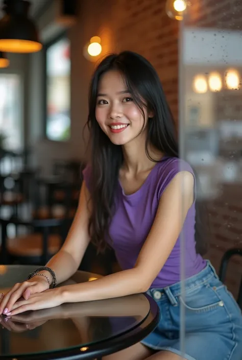 (Photo taken through clear glass and water drops on glass: 1.2) Beautiful Thai woman putting her hands on the table, sitting on a bar stool, clear glass table, purple tight sleeveless round neck t-shirt, long hair, short blue denim skirt, wearing a bracele...