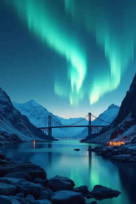 Tromso bridge with scene Aurora borealis and written in mini words TROMSO