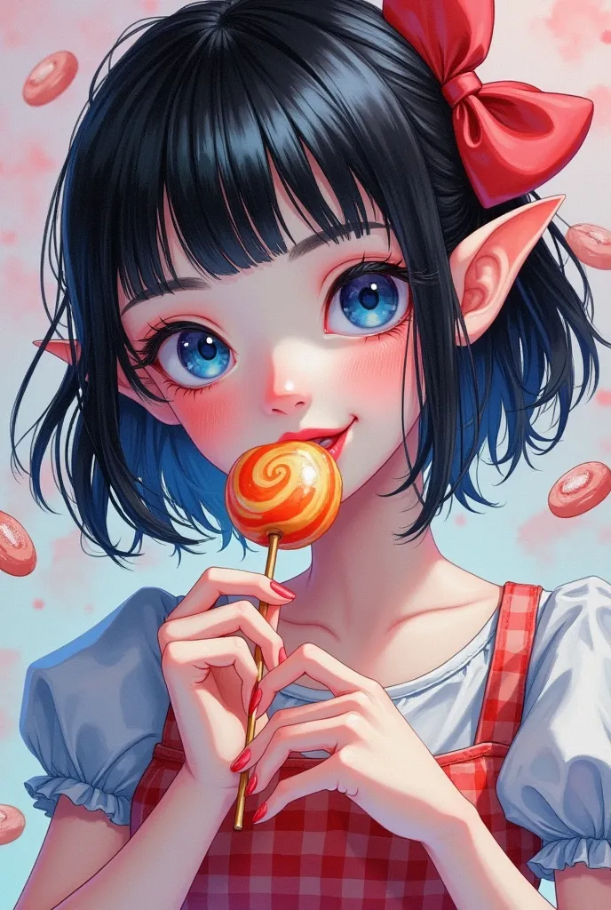 1girl,bangs,black hair,blue eyes,blunt bangs,blush,candy,dress,fingernails,food,holding,holding candy,lips,lipstick,lollipop,lon...