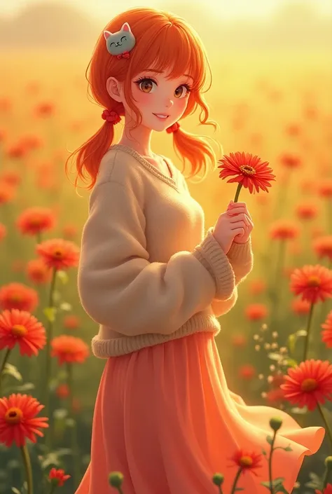  1 woman, 30 years old， low twin tails,  orange hair, Cat Hair Clip,knit，long skirt，holding a gerbera flower，にっこり笑う, colorful gerbera field of flowers