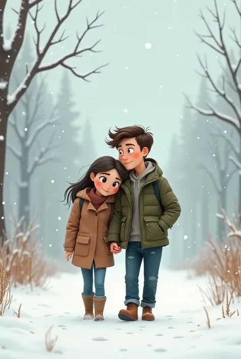 a very clear HD image of "animated not beautiful couple walking in snow holding each other hands and wife put head on boy shoulder in cloudy weather"