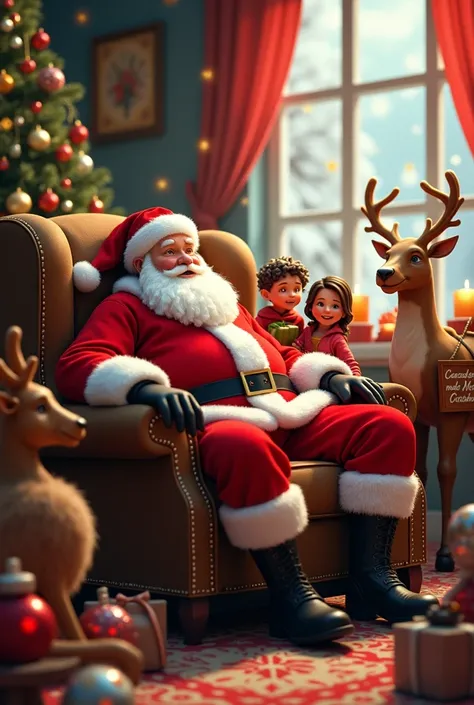  Beautiful Santa Claus sitting in an armchair next to a family of humans and with reindeer around and lots of Christmas balls and stars,  a sign that says Candelaria mode mery crishmas  