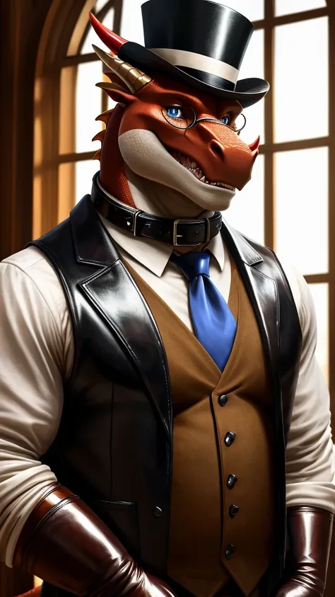 Solo, Male, fat, extremely obese, gentleman, dapper Professor Dragon, blue eyes, (posing:1.3), (soft shading), 4k, hi res, ((detailed face, detailed)), looking at viewer, mouth wide open, steampunk, dapper clothing, collared shirt with buttons, top hat, cl...