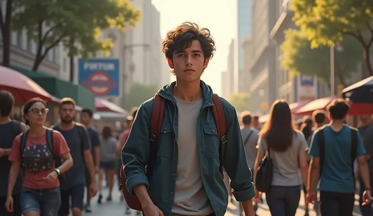 "A young man walking through a busy street, on his way to school or university for the first time. He looks determined but nervous, surrounded by people going about their day. The city around him is simple, yet his gaze is fixed on the future, despite his ...