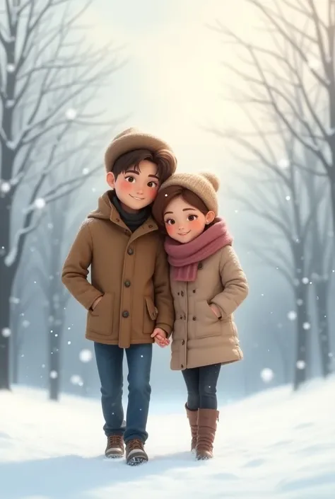 a very clear HD image of "animated 
beautiful couple walking in snow holding each other hands and wife put head on boy shoulder in cloudy weather"