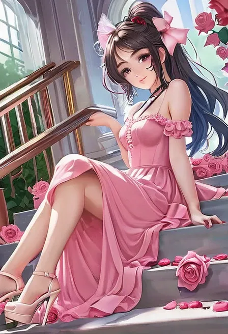 Cute girl in pink dress sitting on steps with roses, seductive cute girl, cute waifu in a nice dress, beautiful alluring cute woman