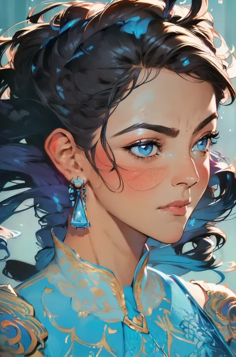 strong warrior princess, centered, visual chave, intricate,  light blue eyes , highly detailed, breathtaking beauty, precise lineart, vibrant,Splash, Comprehensive cinematic, Carne Griffiths, Conrad Roset, ( the most beautiful portrait in the world:1.5)