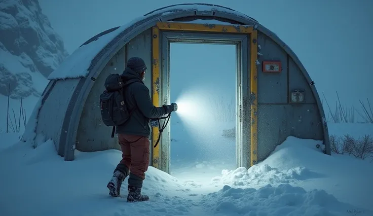 a man peering out of the door of a scientific research station during a snowstorm, hes shining a flashlight into the distance, dramatic lighting, cinematic atmosphere, muted tones, high detail, 8k,best quality,masterpiece,ultra-detailed,physically-based re...