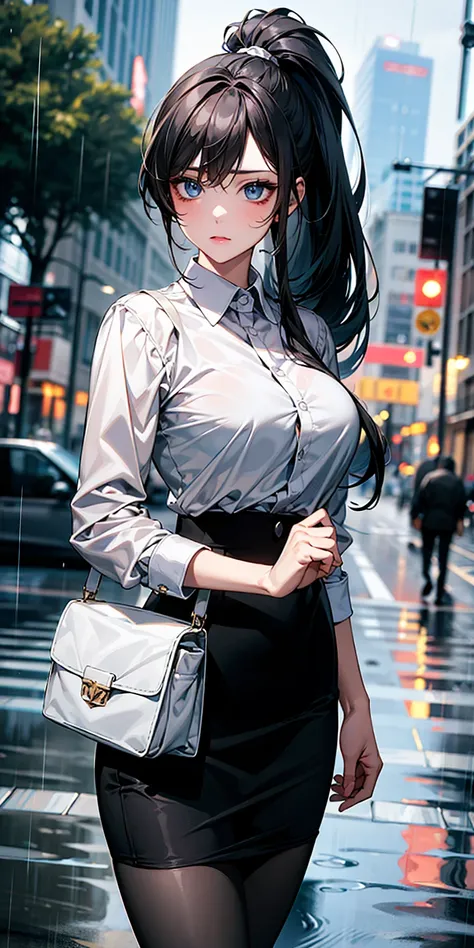 (Ridiculous high resolution, high resolution, masterpiece, Extremely detailed:1.2), 1 Girl,blue eyes, Black long hair,high ponytail，white shirt, black pencil skirt, White handbags、Pantyhose、City Streets,Sexy pose,Cowboy-shot, stern look, rain, raindrops