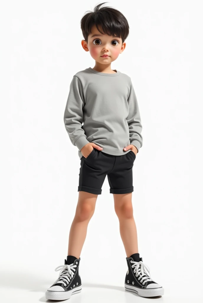  Generates an image showing a  boy wearing a light gray long-sleeved t-shirt and short, body-hugging lycra shorts and black high-waisted sneakers and white sneakers on his feet. The t-shirt is loose fitting and the young man has short, dark hair and yellow...