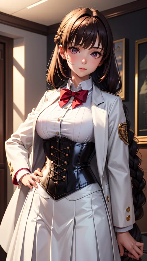 1 girl, beautiful portrait of lobapex, sports, white jacket, corset, skirt, pants,  dark hair , redhead, braid, cosmetic, choker...