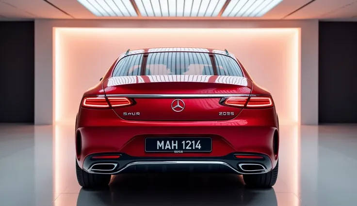 A photo of a red color  2025 mercedes bens s class .  parked in the middle of a bright, modern gallery with smooth, reflective floors. The car is displayed from the  back . the tube lights light are reflecting on the car and makings line on the car. The ga...