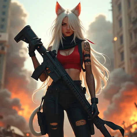 Beautiful girl with cat ears and tail. Age 23, white glowing eyes. Black suit pants with a red t shirt top with fishnets on arms and chest. Long white hair, hair over half face. Holding an assault rifle.  Explosions in the background. Realistic.  Ripped bl...