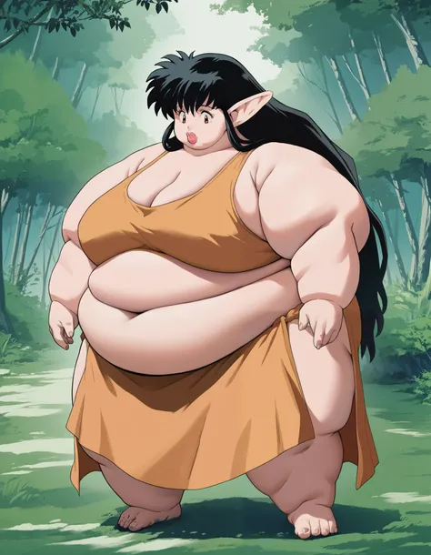 Girl becoming a monster, becoming a troll, fat, chubby, obese, fabric clothes, loincloth , kagomehigurashi, kagome higurashi, long hair, big ears, big nose, big lips, 900 pounds, 10 ft tall, hunchback, broad shoulders, big belly, gigantic arms and legs, ex...