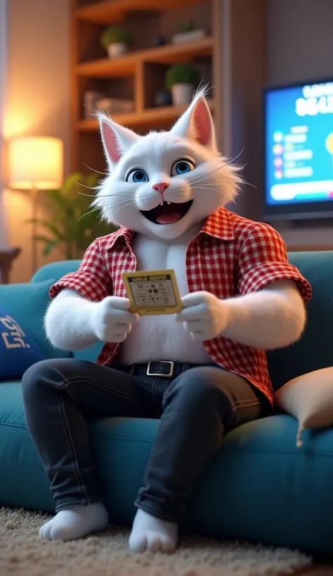 cinematic 3D style, HD image, realistic image ,colorful image . 
Character,A muscular Johnny white big cat wearing red and white check shirt and black jeans,shirt buttons open,expression happy.
Action,Johnny white big cat is sitting on a blue sofa in the h...