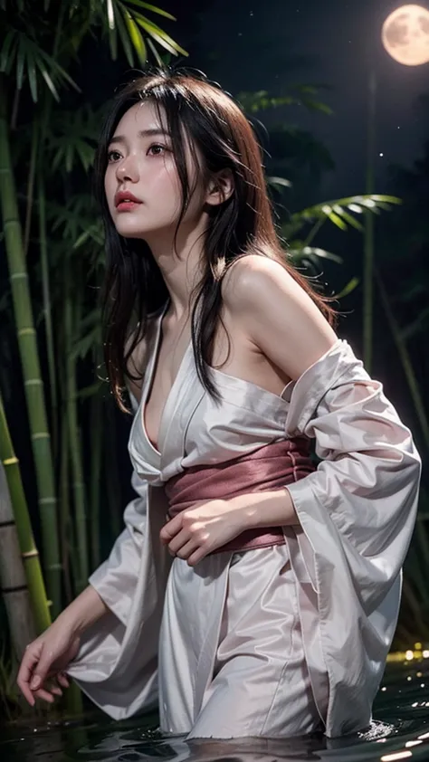 realistic, photogenic, very dark night, bamboo forest, moonlight is reflected in the pond, wearing deep pink colored kimono, exp...