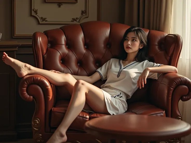 Create a picture of a Thai female student with her legs draped over a footrest, her arms on a sofa, and her legs sitting on a leather sofa throne.