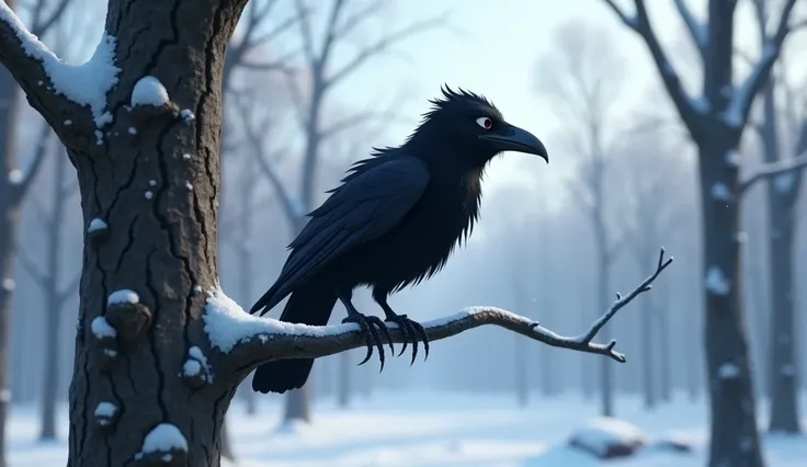 Shivering crow on bare branch of tree in forest due to snow. Generate this picture in pixar 3D animation style.