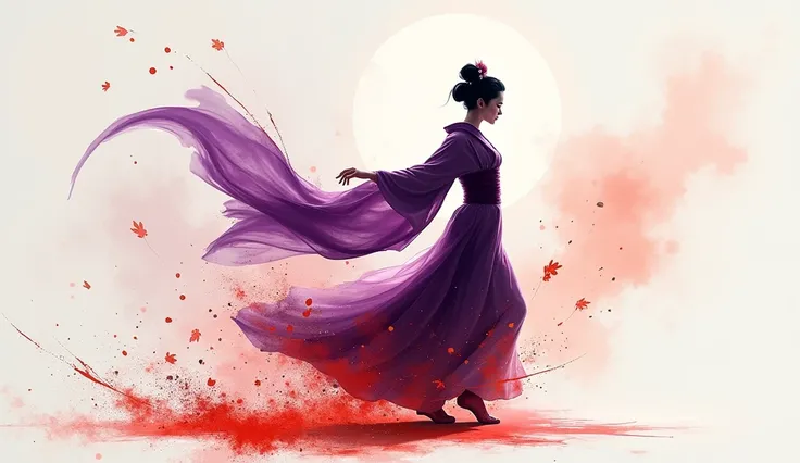 A dancing geisha rendered in Dynamic Ink Wash Motion, with fluid brushstrokes capturing swift movements. Utilize bold violet and peach inks to create contrast and dynamism