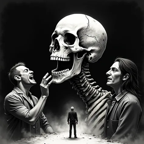 Eerie, surreal illustration with a dark gradient background, highlighting a cracked face merging with a skeletal profile. The cracked face symbolizes mental decay and fragmentation. Surrounding the central composition are intense figures: a furious man, a ...