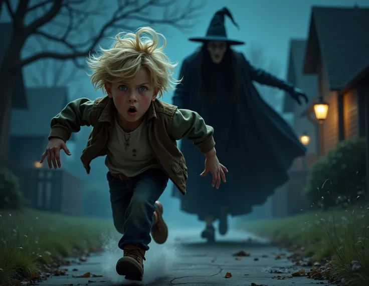 a blonde blue eyed boy running away from a witch in his neighborhood at night