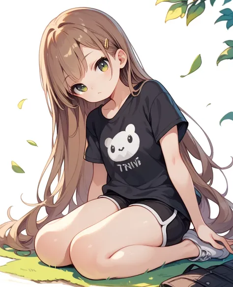 1girl. Anime image, cartoon drawing, cute, average height, petite figure, cute face, long hair, brown hair, black t-shirt, black shorts, oversized t-shirt, sitting on the ground, front angle, white background    