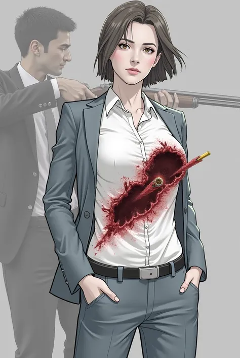 Business woman in a suit , shirt tucked in pants and black belt  with an open jacket on her knees from man in backround with a shogun. Woman is shot in the belly, bullet rips out her belly and the hole her belly can be seen