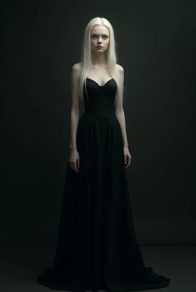 Full-length adult albino girl with golden eyes in a dark dress 



