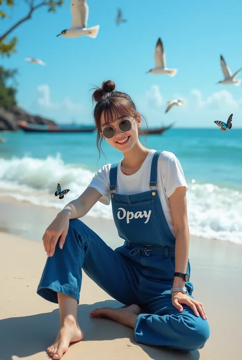 Beautiful Indonesian woman, smooth white skin, well-groomed face, Korean-style bun with bangs, white t-shirt, wearing (a indigo blue jumpsuit that says "OPAY"), wearing sunglasses, a cool watch, wearing white shoes, sitting posing on the beach , surrounded...