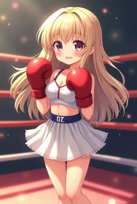 slim petite loli kawaii anime girl with long pale blonde hair, sunkissed glowy skin, in tiny white skirt sports set. and boxing gloves. in a boxing circle, make her a boxer but kawaii 