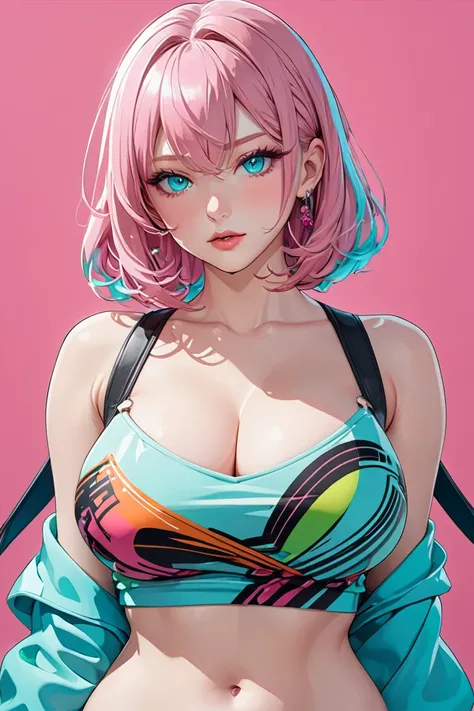 detailed aqua eyes, pink hair, (aqua eyes), Official art, Unity 8k Wallpaper, Ultra-detail, Beautiful and aesthetic, masterpiece, Best Quality, 1girl, big tits, Extremely detailed, elegant, vivd color, romanticism, arms behind back, street fashion, shiny s...