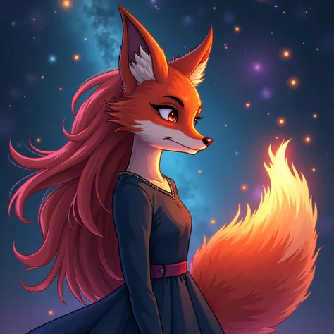 mysterious fire fox , Looking at the soul , look malicious, in space with stars and universe, background with galaxy, galaxy with blue and purple and pink, fire fox, half fox head, half furry fox, half red-haired girl in a dress below, half fox half woman,...