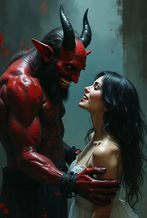  the devil telling a woman the phrase of  :"I dont hate you ,  you only get to the skewer "  this last word refers to the male crotch