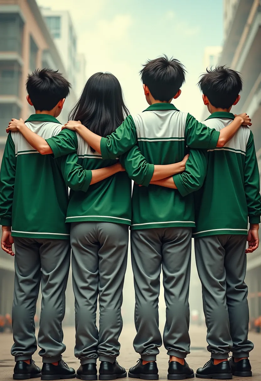 "four high school teenagers wearing smk safety wearpack uniforms, with their backs facing the viewer, standing side by side with...