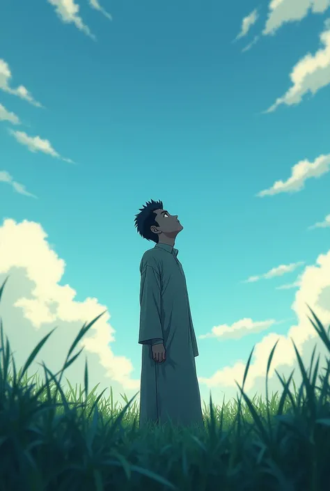 Sad anime muslim going to on top sky ALLAH name  
Sky lush Green grass