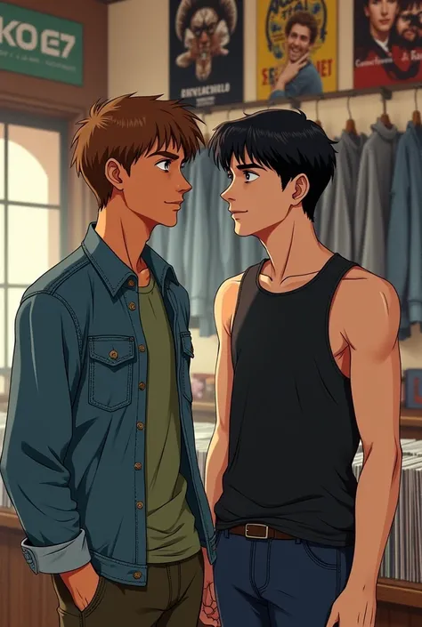 Two young men,  one with short brown hair , moreno, high,  wears a denim jacket and a green shirt ,  the other has black hair , piel Blanca, under,  wears a sleeveless black shirt ,  both are in a record store .  In the background clothes hanging on the wa...