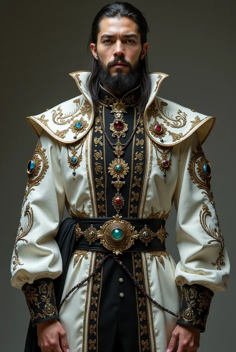 a man in both white and black medieval style clothes,  with colored jewel details , blue, red, brown and silver 
