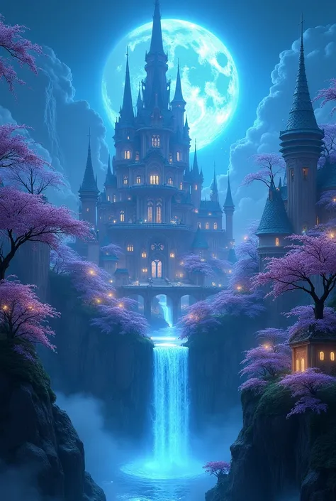 (photorealism:1.2), a beautiful magical city fill with glowing rays with impossible architecture building fill with blue sakura trees and a blue full moon rising on sky and in middle is beautiful waterfall flowing downward