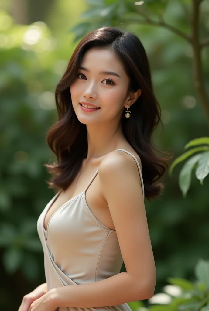 A graceful, elegant woman with balanced facial features and glowing fair complexion, smooth medium-length dark brown wavy hair, bright almond-shaped dark brown eyes, and a poised demeanor, slender yet toned build, wearing a sophisticated classy dress, full...