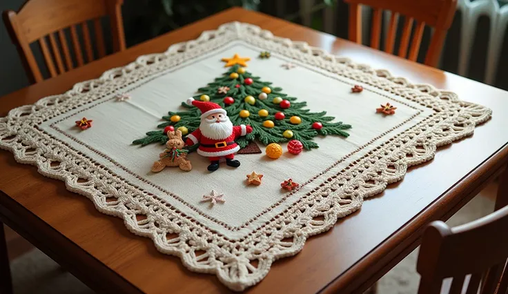 Beautiful tablecloth design knitting with wool crochet around chairs square table cristmis tree design with canta claus 