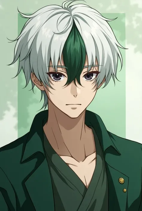 Otoya is a handsome young mature boy, who has short flat white hair, with a strand of hair in the middle that is dark green along with the underside of his hair being that same dark green color. His face is slim with a chiseled chin and thin, low-lidded ey...